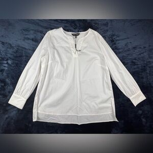 Ming Wang Tunic Top M Woven Split V-Neck Long Cuffed Sleeve High-Low Hem Blouse